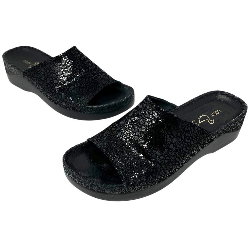 Cozy Goose metallic print leather slide mule sandals EU 38